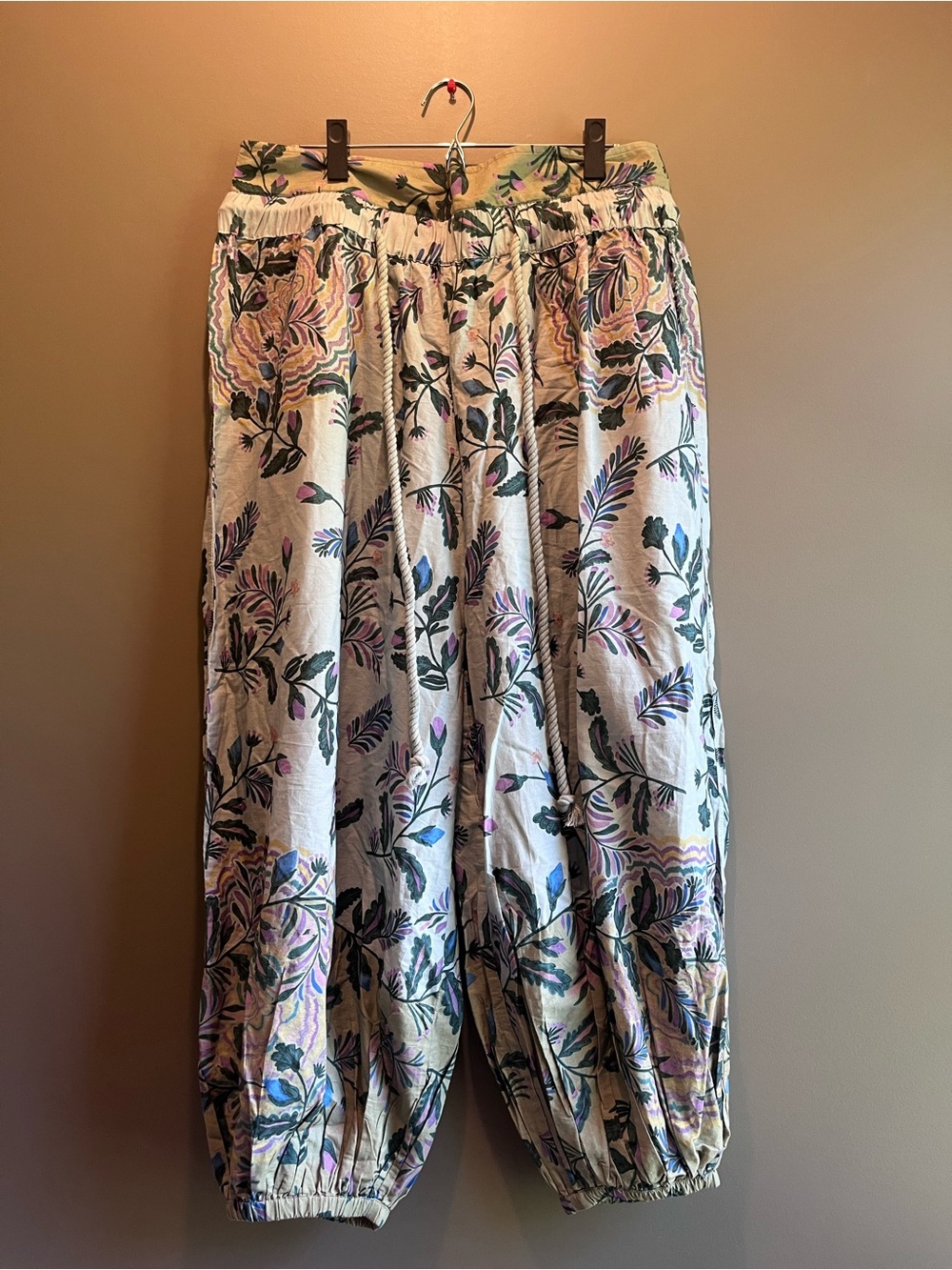 Free People Cream Wide-Leg Floral Harem Pants with Green & Pink Print